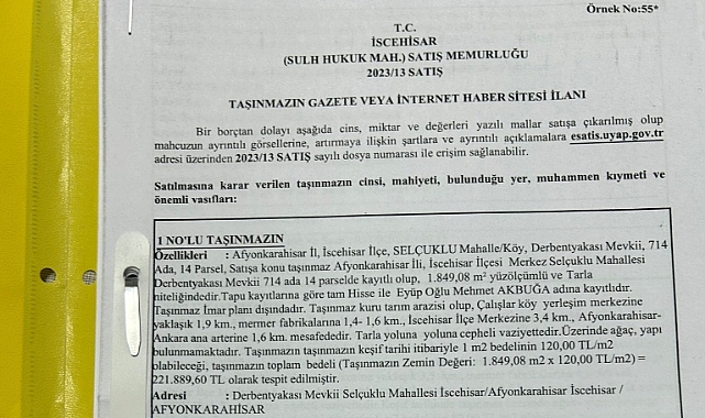 BU TAŞINMAZLAR SATILIK İscehisar Sulh Hukuk Mahkemesi Satış Memurluğu Satış ilanı