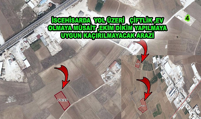 İSCEHİSARDA  YOL ÜZERİ   ÇİFTLİK ,EV OLMAYA MÜSAİT ,EKİM DİKİM YAPILMAYA UYGUN KAÇIRILMAYACAK ARAZİ